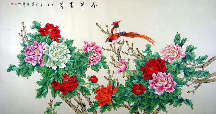 六尺工笔牡丹画,客厅挂画