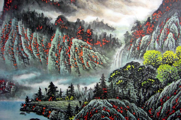 曾得关山月等名家指点,林老师诗,书,画,印皆能,尤精山水画,写生于大江