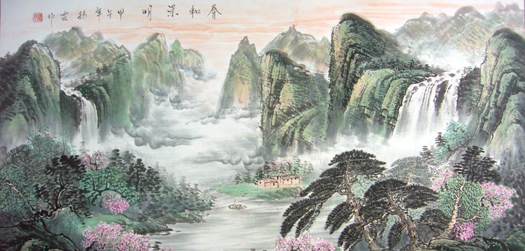 四尺瀑布山水画