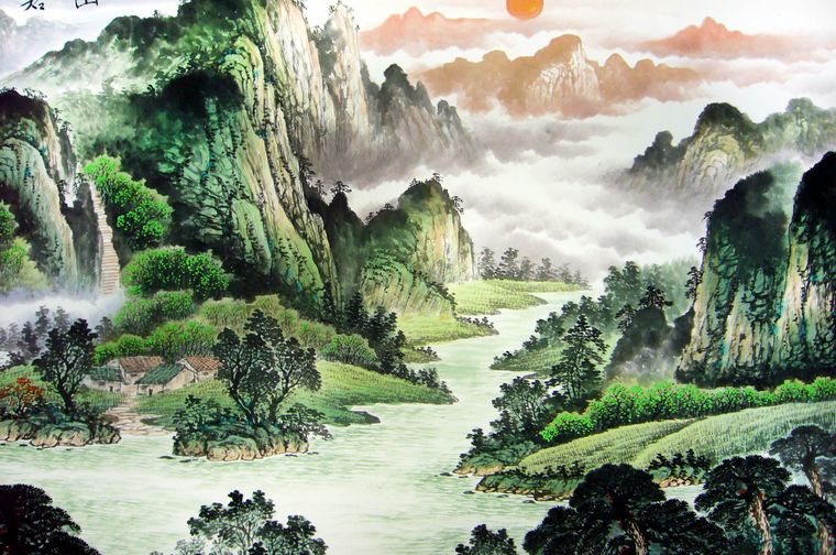 第一字画网的 国画写意山水画,这幅六尺横幅山水画裱完后尺寸将达到