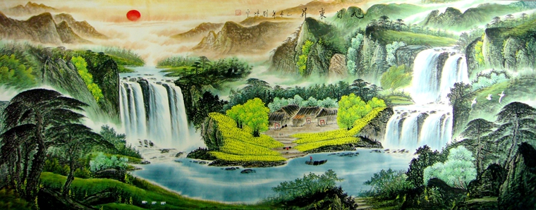 瀑布山水风景画
