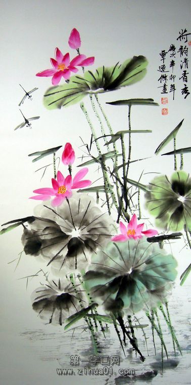 国画荷花_国画荷花图片大全大图_国画荷花手绘壁画