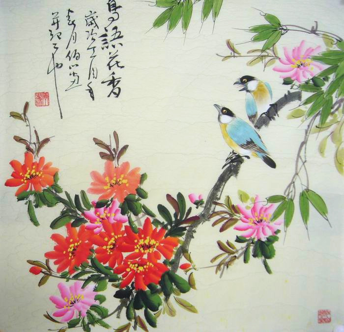工笔花鸟作品《鸟语花香》