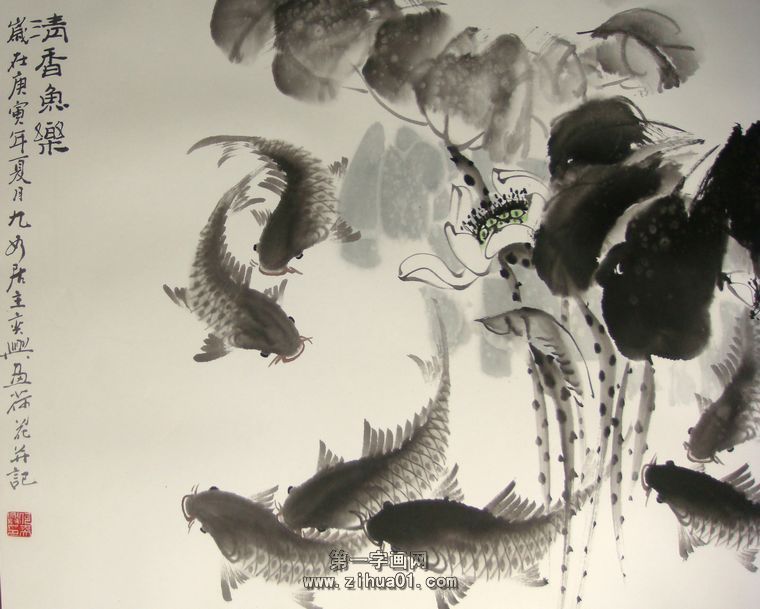 黑色水墨九鱼图 - 第一字画网